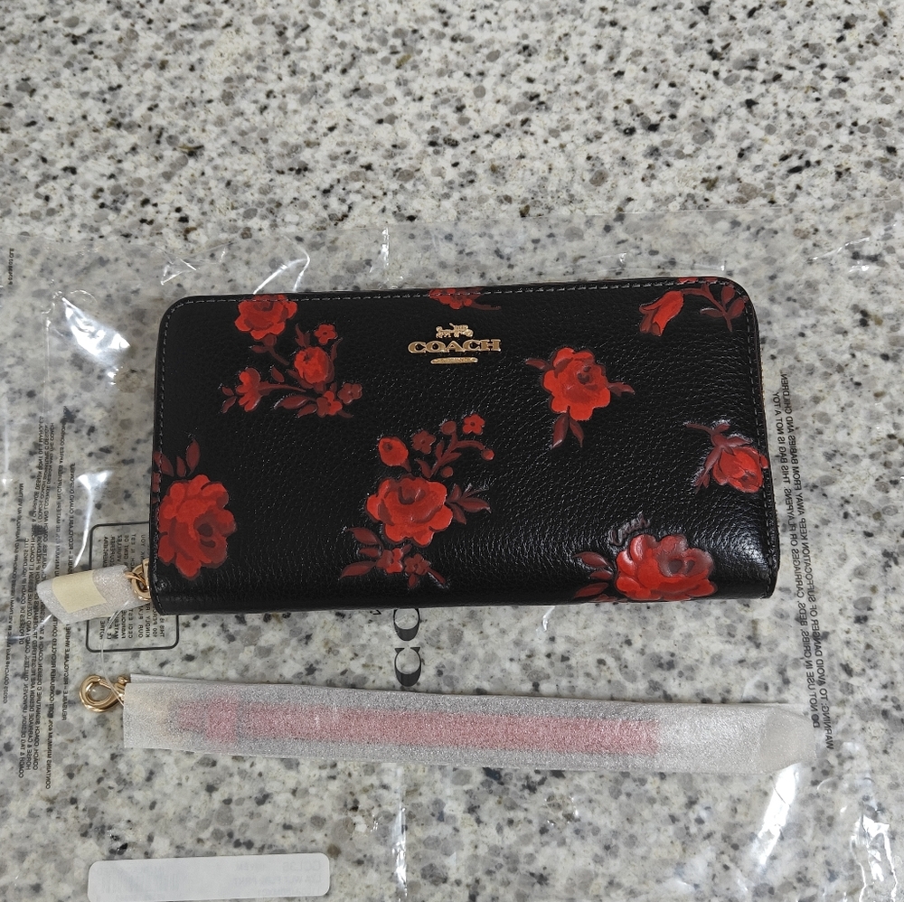 Coach Long Zip Around Wallet With Floral Print, black and red